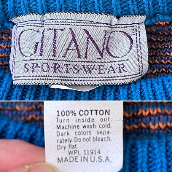 EUC vintage GITANO Sportswear 1990s cotton crewneck dad sweater, blue w/ pattern - Picture 12 of 14